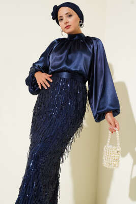 Kuşaklı Pul Payetli Abiye Elbise Lacivert