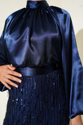 Kuşaklı Pul Payetli Abiye Elbise Lacivert - Tesettür Elbise