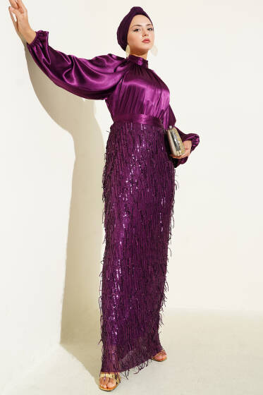  Kuşaklı Pul Payetli Abiye Elbise Mürdüm - Elbise