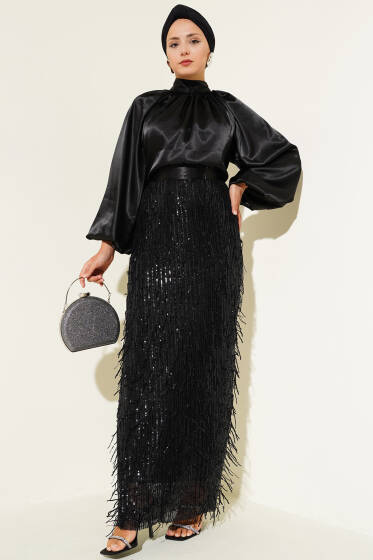Kuşaklı Pul Payetli Abiye Elbise Siyah - Elbise