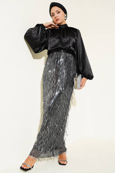  Kuşaklı Pul Payetli Abiye Elbise Siyah Gümüş - Elbise