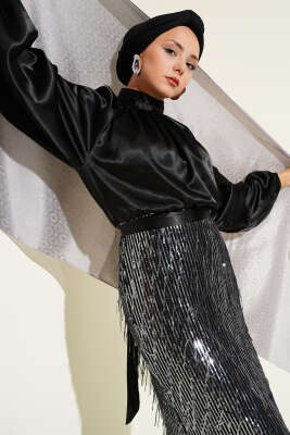  Kuşaklı Pul Payetli Abiye Elbise Siyah Gümüş - Tesettür Elbise