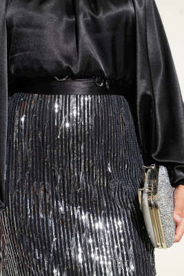  Kuşaklı Pul Payetli Abiye Elbise Siyah Gümüş - Tesettür Elbise