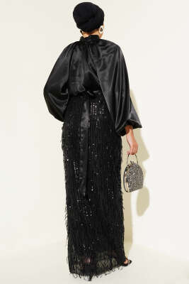 Kuşaklı Pul Payetli Abiye Elbise Siyah - Tesettür Elbise