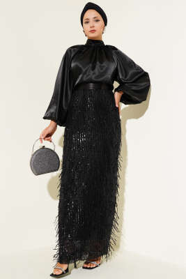 Kuşaklı Pul Payetli Abiye Elbise Siyah