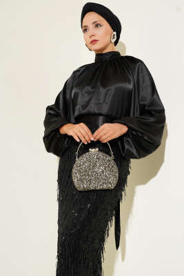 Kuşaklı Pul Payetli Abiye Elbise Siyah - Tesettür Elbise