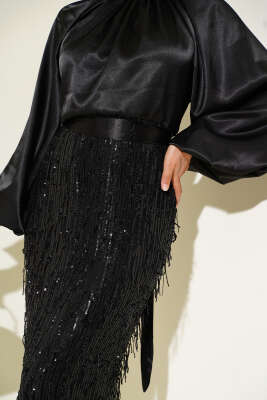 Kuşaklı Pul Payetli Abiye Elbise Siyah - Tesettür Elbise