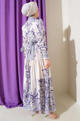 Kuşaklı Retro Desen Düğmeli Elbise Lila - Tesettür Elbise