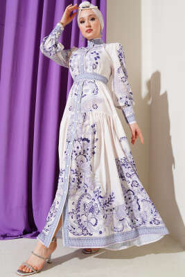 Kuşaklı Retro Desen Düğmeli Elbise Lila - Tesettür Elbise