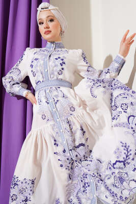 Kuşaklı Retro Desen Düğmeli Elbise Lila 