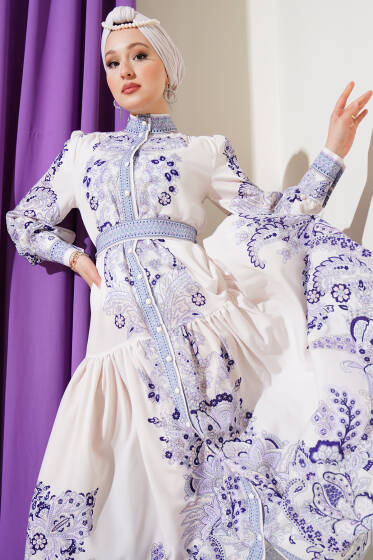 Kuşaklı Retro Desen Düğmeli Elbise Lila - Tesettür Elbise