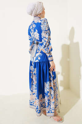 Kuşaklı Retro Desen Düğmeli Elbise Saks - Tesettür Elbise