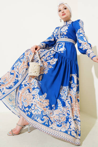 Kuşaklı Retro Desen Düğmeli Elbise Saks - Tesettür Elbise