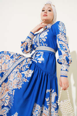 Kuşaklı Retro Desen Düğmeli Elbise Saks - Tesettür Elbise