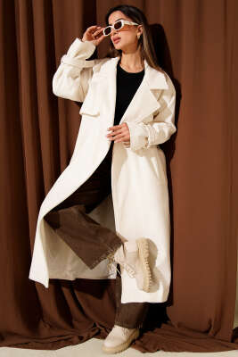 Kuşaklı Rüzgarlıklı Uzun Kaşe Kaban Ekru - ENTER TEKSTİL