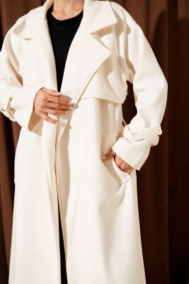 Kuşaklı Rüzgarlıklı Uzun Kaşe Kaban Ekru - Kadın Giyim Modelleri