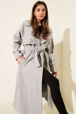 Kuşaklı Rüzgarlıklı Uzun Kaşe Kaban Gri - ENTER TEKSTİL