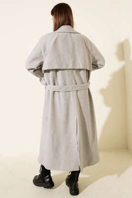 Kuşaklı Rüzgarlıklı Uzun Kaşe Kaban Gri - Kadın Giyim Modelleri