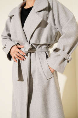 Kuşaklı Rüzgarlıklı Uzun Kaşe Kaban Gri - Kadın Giyim Modelleri