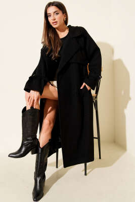 Kuşaklı Rüzgarlıklı Uzun Kaşe Kaban Siyah - ENTER TEKSTİL