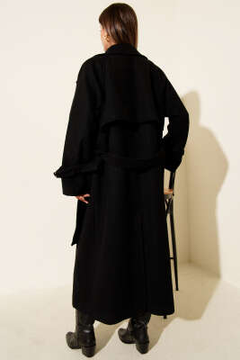 Kuşaklı Rüzgarlıklı Uzun Kaşe Kaban Siyah - Kadın Giyim Modelleri