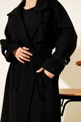 Kuşaklı Rüzgarlıklı Uzun Kaşe Kaban Siyah - Kadın Giyim Modelleri