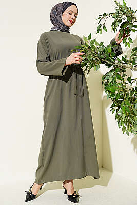 Kuşaklı Salaş Düz Elbise Haki - DUFON