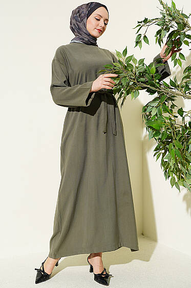 Kuşaklı Salaş Düz Elbise Haki - Elbise