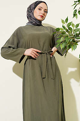Kuşaklı Salaş Düz Elbise Haki - Elbise