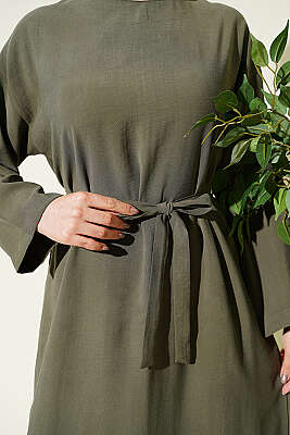 Kuşaklı Salaş Düz Elbise Haki - Elbise