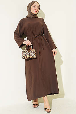 Kuşaklı Salaş Düz Elbise Kahve - DUFON