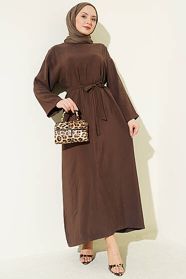 Kuşaklı Salaş Düz Elbise Kahve - Elbise