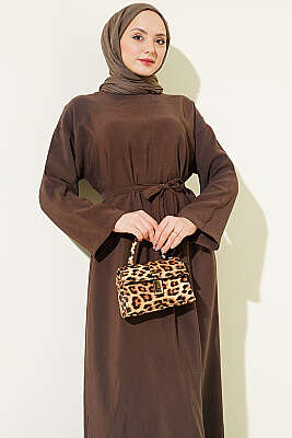 Kuşaklı Salaş Düz Elbise Kahve - Elbise