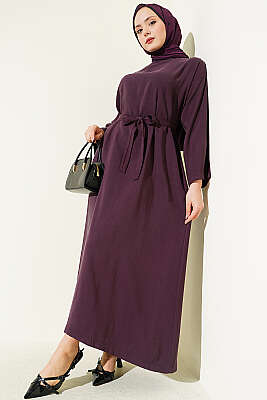 Kuşaklı Salaş Düz Elbise Mürdüm - DUFON