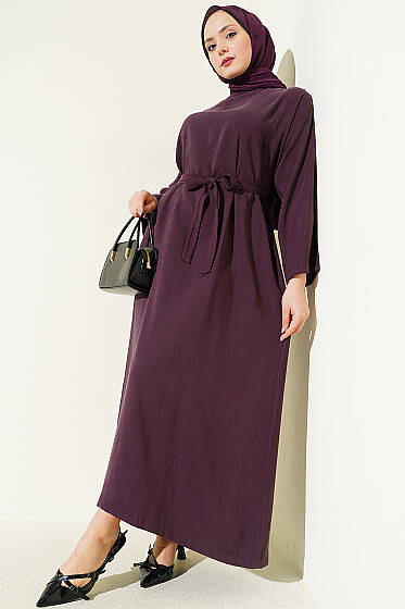 Kuşaklı Salaş Düz Elbise Mürdüm - Elbise