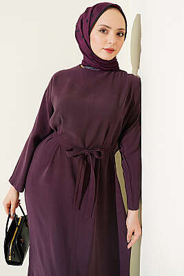 Kuşaklı Salaş Düz Elbise Mürdüm - Elbise