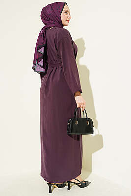 Kuşaklı Salaş Düz Elbise Mürdüm - Elbise