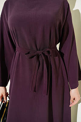 Kuşaklı Salaş Düz Elbise Mürdüm - Elbise