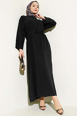 Kuşaklı Salaş Düz Elbise Siyah - DUFON