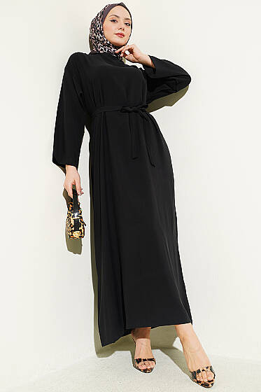 Kuşaklı Salaş Düz Elbise Siyah - Elbise