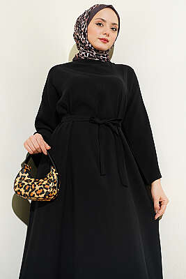 Kuşaklı Salaş Düz Elbise Siyah - Elbise