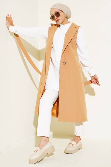 Kuşaklı Sıfır Kol Trençkot Camel - Trençkot