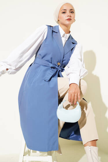 Kuşaklı Sıfır Kol Trençkot İndigo - Trençkot