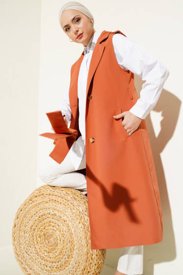 Kuşaklı Sıfır Kol Trençkot Kiremit - Trençkot