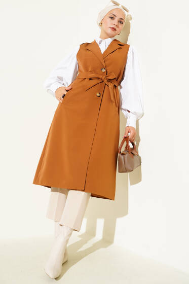 Kuşaklı Sıfır Kol Trençkot Taba - Trençkot