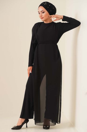 Kuşaklı Şifon Tulum Siyah - Tesettür Tulum & Salopet