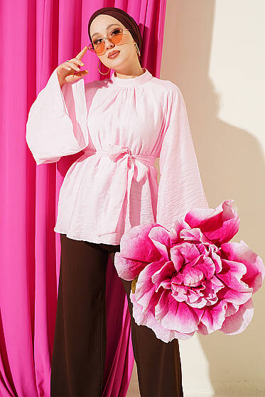 Kuşaklı Şifon Yarasa Kol Tunik Pembe - Tunik