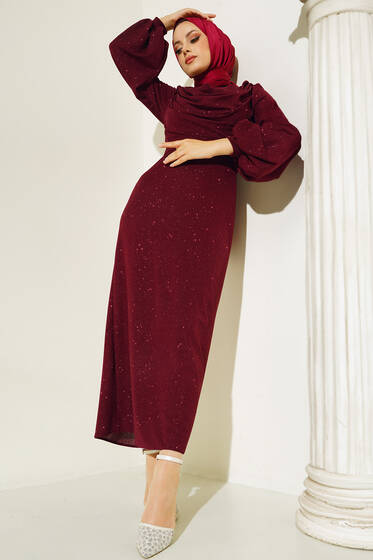 Kuşaklı Simli Abiye Elbise Bordo - Tesettür Elbise