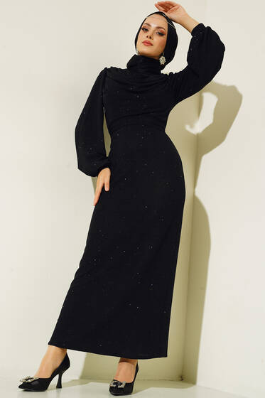 Kuşaklı Simli Abiye Elbise Siyah - Tesettür Elbise