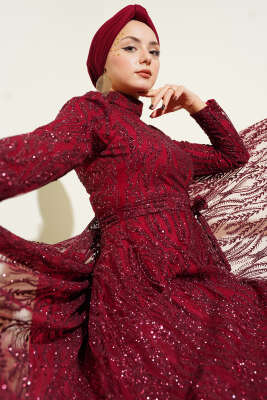 Kuşaklı Simli Pullu Abiye Elbise Bordo - CNR TEKSTİL